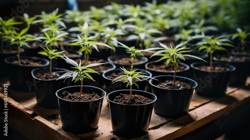 Cannabis cuttings in pots, young marijuana plants, small cannabis plants in cultivation, close-up, top view,