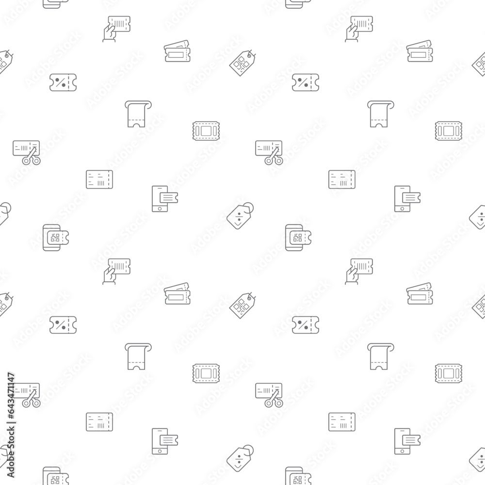 Seamless pattern with Ticket icon on white background. Included the icons as shopping, e-commerce, sales, transport, travel, label, coupon, paper, seat, pass And Other Elements. Seamless pattern with Ticket icon on white background. Included the icons as shopping, e-commerce, sales, transport, travel, label, coupon, paper, seat, pass And Other Elements.