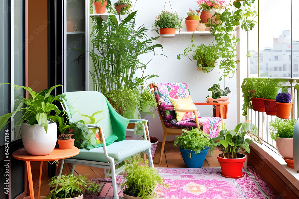 Cozy green ecology balcony with plants and two armchairs of vibrant gentle calming colourful