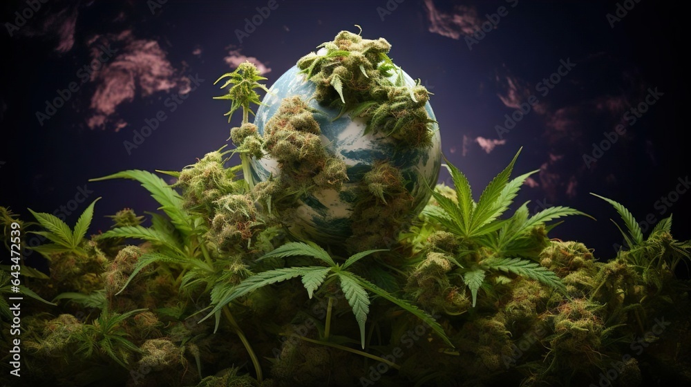 Planet Earth with cannabis, Universe with marijuana plants, buds and leaves, earth in space with cannabis - obrazy, fototapety, plakaty 