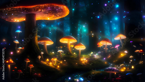 Forest with Glowing Mushrooms and Firefly Magic Generative Ai