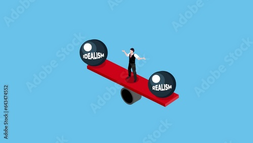 businessman balancing a board with symbols of idealism and realism