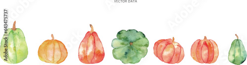 水彩画。水彩タッチの秋のカボチャベクターイラスト。カボチャのハロウィン水彩フレーム。Watercolor. Fall pumpkin vector illustration with watercolor touch. Pumpkin Halloween watercolor frame.