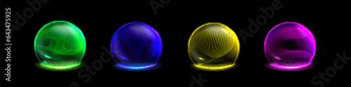 3d sphere bubble protect shield barrier effect. Glass ball dome with abstract cyber grid. Secure energy technology for magic defense. Neon blockchain round immune guard in yellow, green, pink and blue