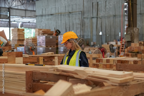 Worker are working at lumber yard in Large Warehouse. Worker are  working.on woodworking machine, lumber and Inventory check at Storage shelves in lumberyard.