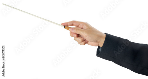 Woman hand holding Baton or Magic wand conjured up in the air. on white background, Miracle magical stick Wizard for fantasy story or music conductor isolate on white PNG File.