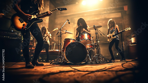 Raw Rock Band Unleashes Electrifying Performance on Vintage Warehouse Stage with Motion Blur Vibes. created with Generative AI