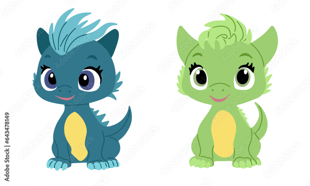 Cartoon cute dragons in flat style. Little dragon isolated on white background. Baby dragon characters. Vector illustration.