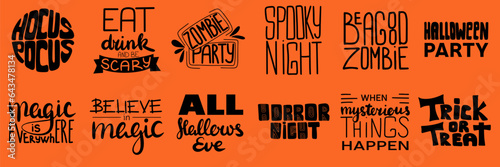 Collection of hand drawn black Halloween phrases isolated on orange background. Vector illustraiton.