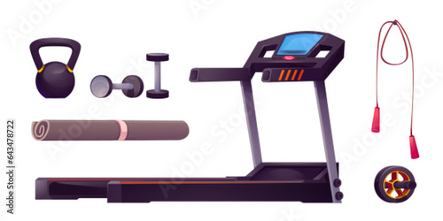 Sports equipment set for workout in gym isolated on white background. Vector illustration of treadmill machine, dumbbell, weight, ab wheel, rolled yoga mat, skipping rope. Fitness center elements