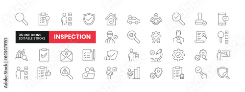 Set of 36 Inspection line icons set. Inspection outline icons with editable stroke collection. Includes Inspector, testing, house inspection, inspection report, and More.