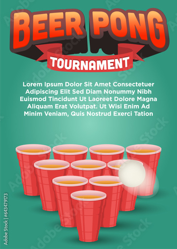 beer glass and flying ping pong ball for beer pong tournament poster template. beer pong vector illustration poster template