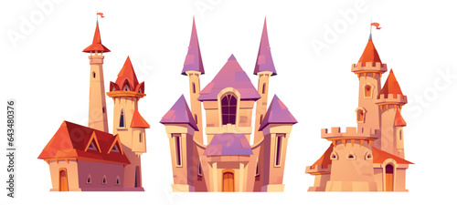 Fairy tale pink princess castle cartoon vector set. Magic fairytale kingdom world tower for fantasy child story. Medieval royal mansion architecture png clipart icons isolated on white background