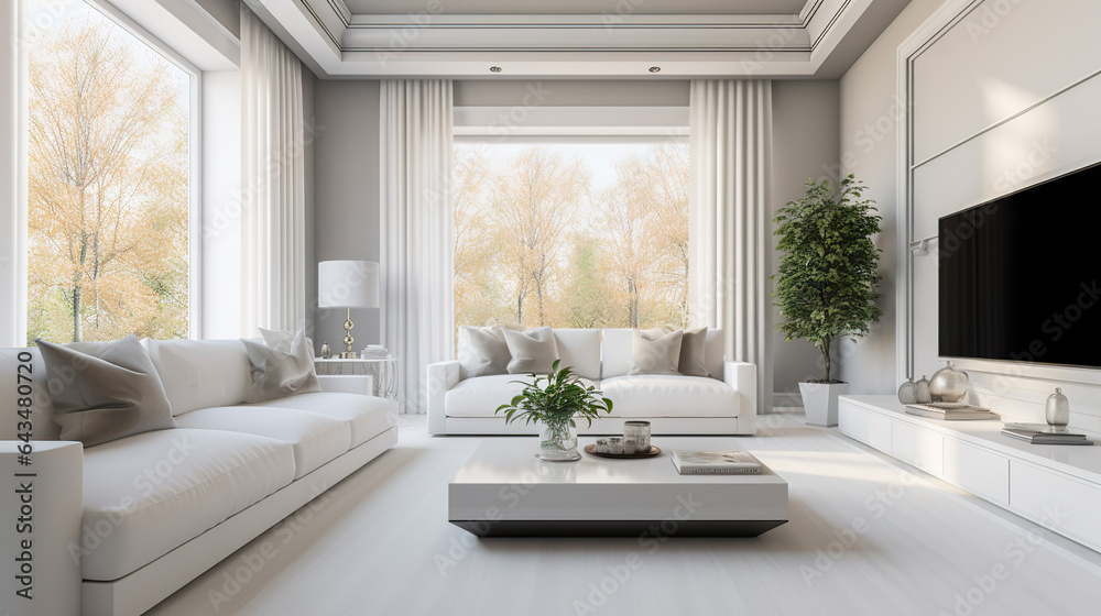 Discover Tranquility Inside a White Living Room Bathed in Natural Light and Adorned with White Furniture. created with Generative AI Discover Tranquility Inside a White Living Room Bathed in Natural Light and Adorned with White Furniture. created with Generative AI