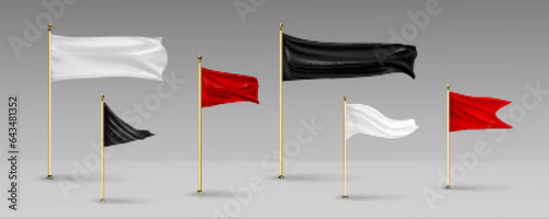 Pennant with flag 3d mockup realistic vector set. White, black and red rectangular and triangular horizontal blank fabric streamer on golden pole for sport competition or specification of target.