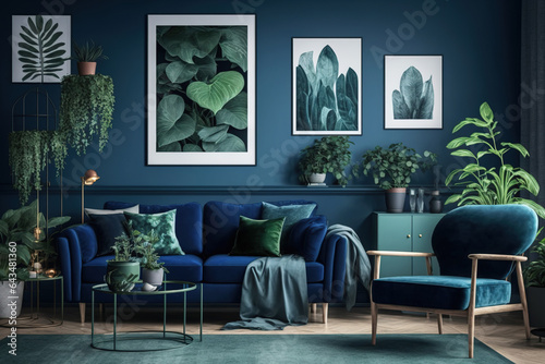 Interior of a minimalist living room in a flat single pastel dark blue color with furniture and plants in the space. gallery wall of posters. Generative AI