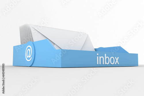 Digital png inbox text and at symbol on desk in tray with envelopes on transparent background