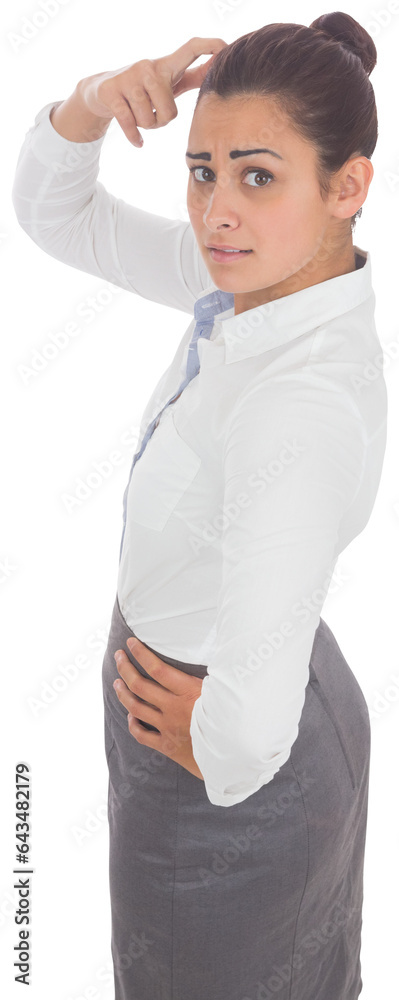 Digital png photo of confused biracial businesswoman scratching head on transparent background Digital png photo of confused biracial businesswoman scratching head on transparent background