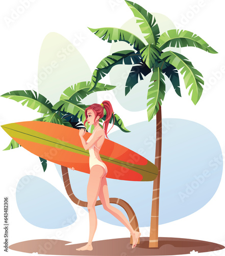 Girl with a surfboard. A surfer walks along the beach with palm trees. Summer sunny illustration, resting woman in a swimsuit. Summer time, outdoor activities, sports. Cartoon style