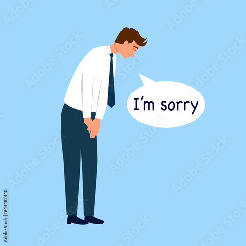 Man bowing head and saying I’m sorry in flat design. Apologize.