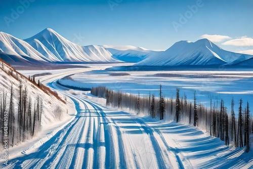  Lake and mountains In the winter, the Highway transforms into a picturesque and snow-covered landscape. The Verkhoyansk mountain range, known for its extreme cold temperatures and rugged terrain photo