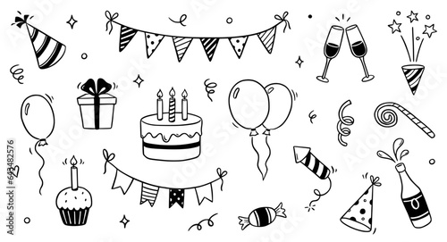 Birthday doodle icon element. Hand drawn sketch doodle birthday cake, balloon, event decoration element. Party, carnival celebration concept background. Vector illustration