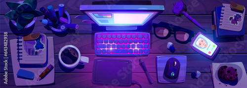 Top view of designer workspace at night. Vector cartoon illustration of tidy desk with computer and drawing tablet, piles of notebooks, sticky notes, cup of coffee and cookies, smartphone on table