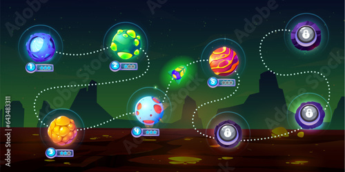 Space game ui level map with imaginary alien planets on way to finish line and player rocket. Cartoon vector illustration of gaming dotted route with steps marked with mysterious cosmic orbs.