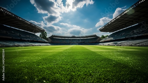 SOCCER STADIUM WITH A GREEN LAWN.