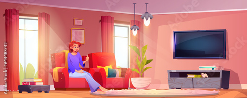 Young woman relax in living room - cartoon girl sit in armchair and drink tea from red cup. Interior of light house with TV on wall, large windows with curtains, plant in pot and books on side table.