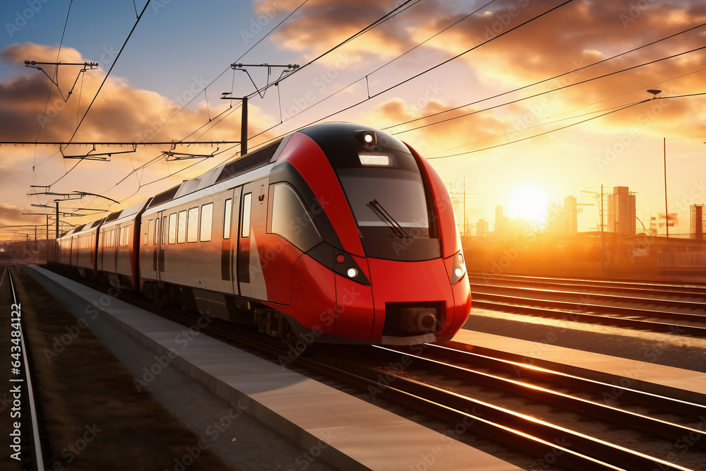 A red and white train traveling down train tracks. High-speed suburban train at sunset.