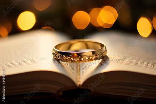 Intertwined Wedding Rings Rest upon a Bible with a Golden Bokeh Background. created with Generative AI