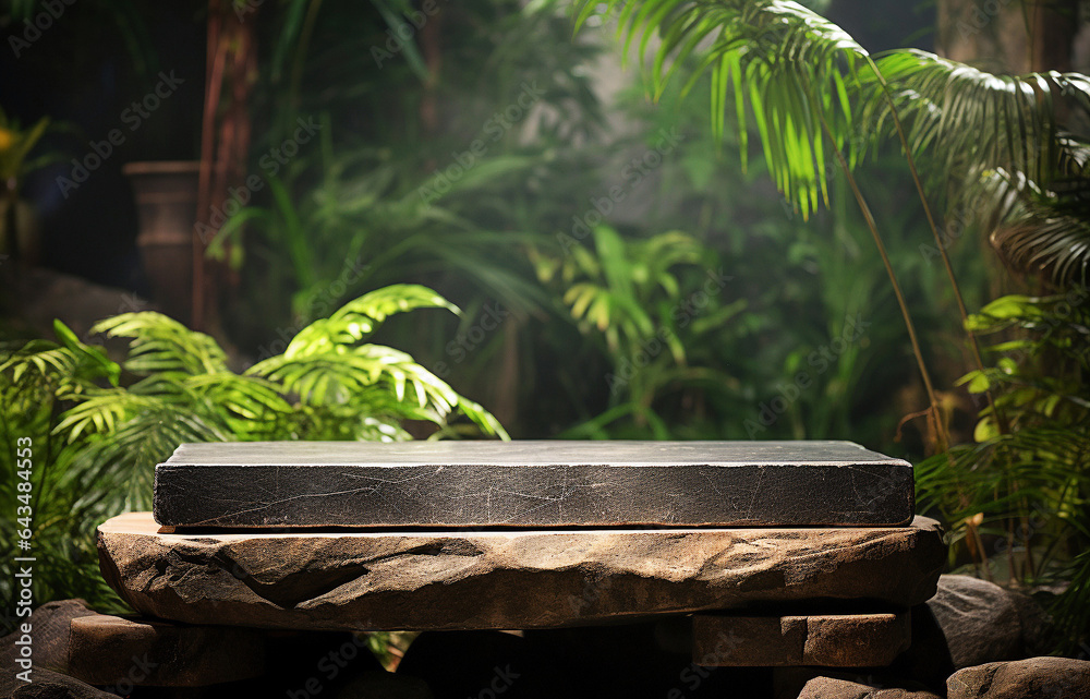 Natural stone podium in Natural green jungle background Natural stone podium in Natural green jungle background