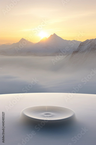 A Mock-Up of a Bowl With a Snowy Mountain Backdrop