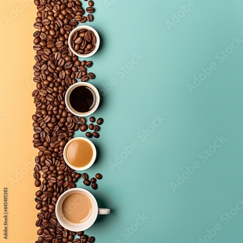 Top view cup of coffee with beans on minimal theme background with pastel colors 