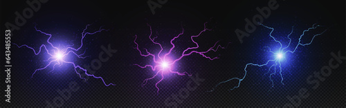 Realistic circle electric bolt energy explosion. Lightning power ball with spark vector effect isolated on background. 3d thunder discharge. Purple, pink and blue thunderbolt flash neon laser glow