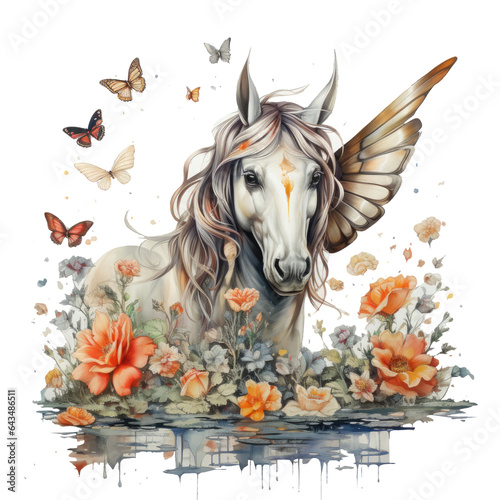 Watercolor Cute unicorn with flowers and butterflies T-shirt Design  The unicorn graces a tranquil pond under  Generative Ai