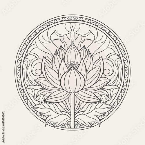 Elegant lotus flower bud and leaf in circle.The round design is made for oriental motif ornament.