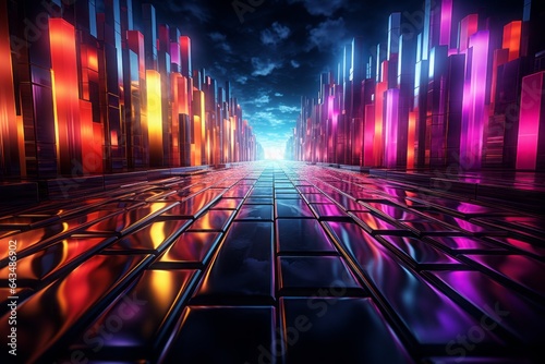 A path aglow with blocks of neon lights leads to a dazzling building constructed entirely of radiant neon, epitomizing futuristic urban brilliance.