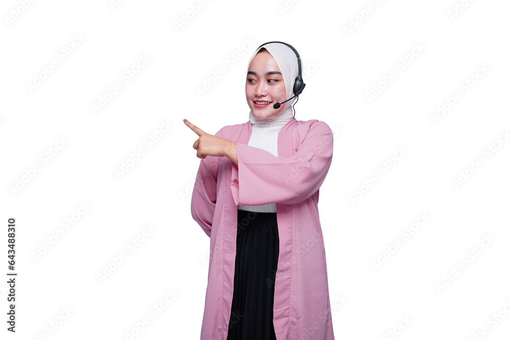 Smiling asian hijab girl customer service pointing at the blank space
Smiling asian hijab girl customer service pointing at the blank space