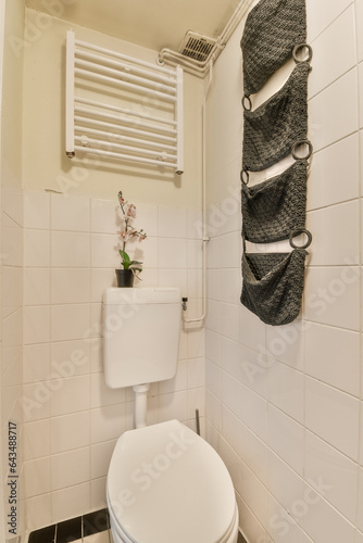 a white toilet in a bathroom with towel hanging on the wall next to the toilet bowl and radiaing rack photo