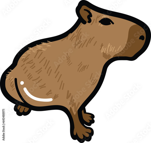 A cartoon drawing of a brown capybara looking at something with distrust.
