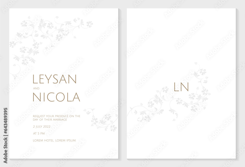 Elegant wedding invitation card template. Monochrome delicate floral pattern.