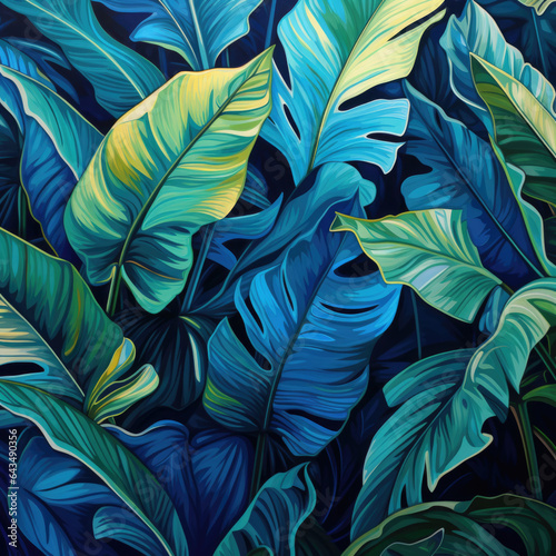 Bright illuminated tropical background with jungle plants. Exotic pattern with palm leaves. AI Generation