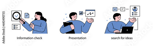 Business people are holding magnifying glasses, looking for data, making presentations, and analyzing data. Business People.