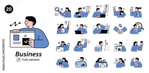 Business people upper body character set. Vector design in blue monocolor with outline.