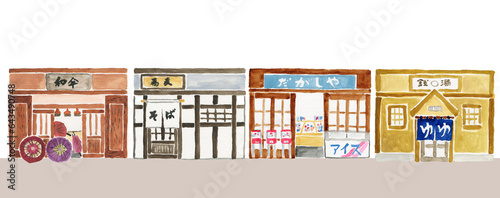 水彩で描いた通りにある日本ののお店4軒セット