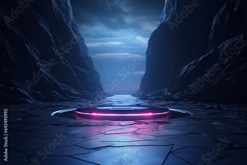 Abstract portal stone gate with neon circle glowing light in the dark space landscape of cosmic, rocky mountain stone field, spectrum light effect photo