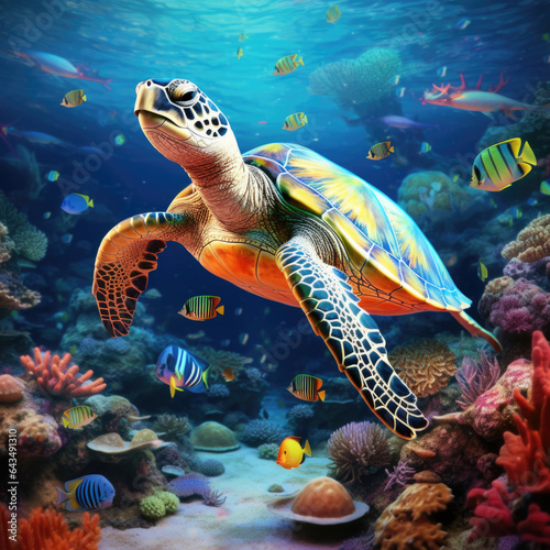 Sea turtle. Sea turtle swim underwater. Ocean coral reef