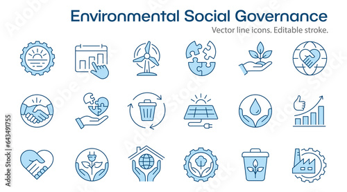 ESG flat icons, such as ecology, environment social governance, risk management, sustainable developmen and more. Editable stroke.